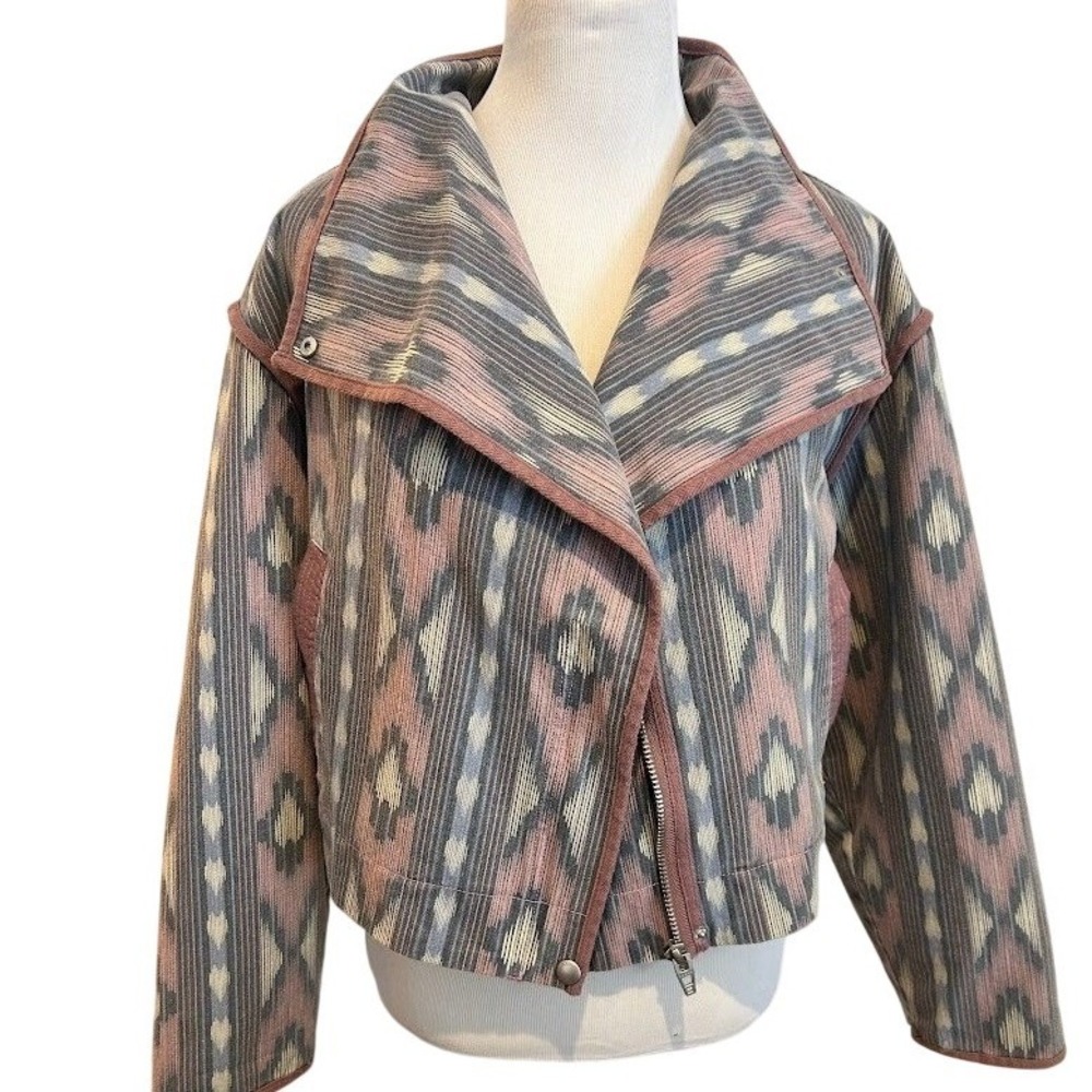 Cropped Geometric Print Jacket Moto Style Collar Pink Gray‎ Blue Women's Medium